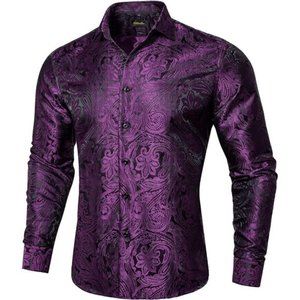Mens Silk Paisley Dress Shirts, Woven Long Sleeve Button Down Dress Shirt